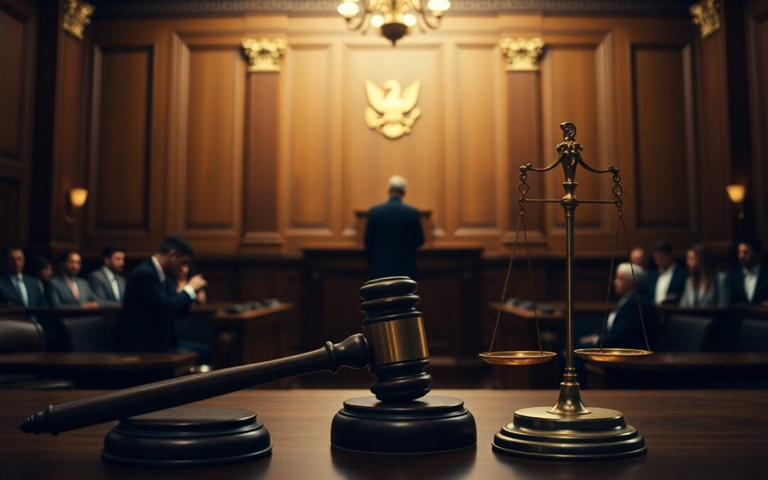 A gavel and balance scale on a desk in a courtroom, with a judge speaking at the front and people seated in the background, highlighting access to Minnesota juvenile justice resources.