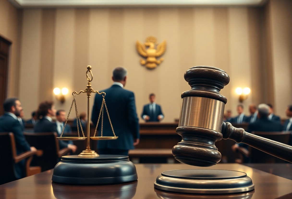 A courtroom scene with a gavel and scales of justice in the foreground, people seated and a judge at the bench in the background, highlighting Minnesota juvenile justice resources.