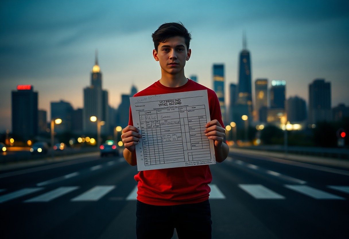 A young man in a red shirt stands on a city street at dusk, holding handwritten schoolwork and thinking about Minnesota juvenile justice resources, with tall buildings rising in the background.