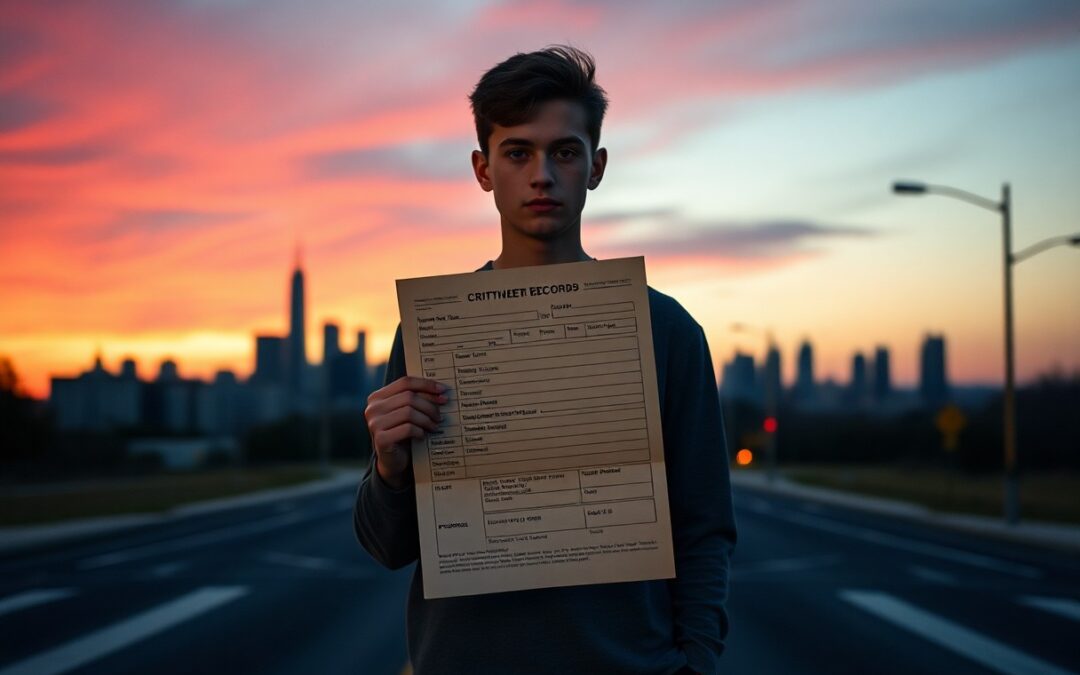 A young man stands on a city street at sunset, holding up a large sheet of paper labeled "Cityview Record" with form fields visible, highlighting access to Minessota juvenile justice resources.