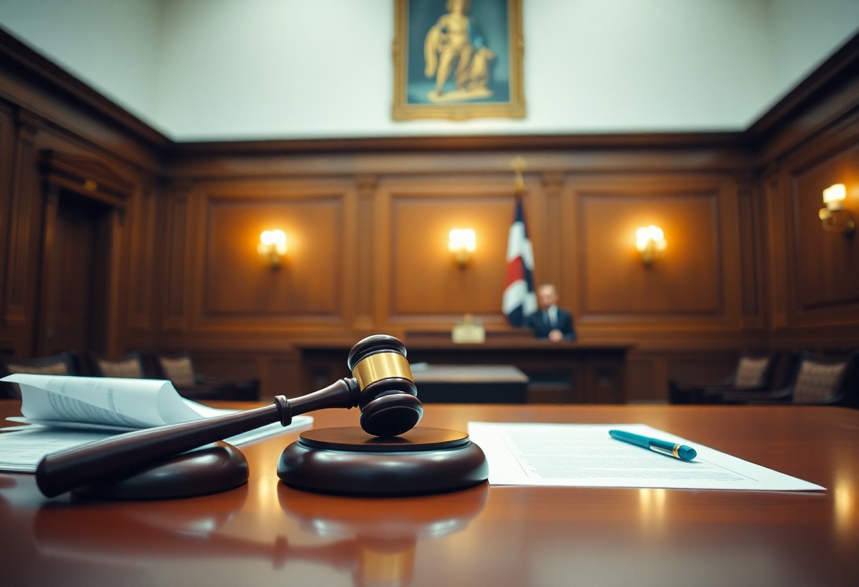 A gavel, documents, and a pen on a courtroom table with a judge in the background and a flag on the wall, symbolizing access to Minnesota juvenile justice resources.