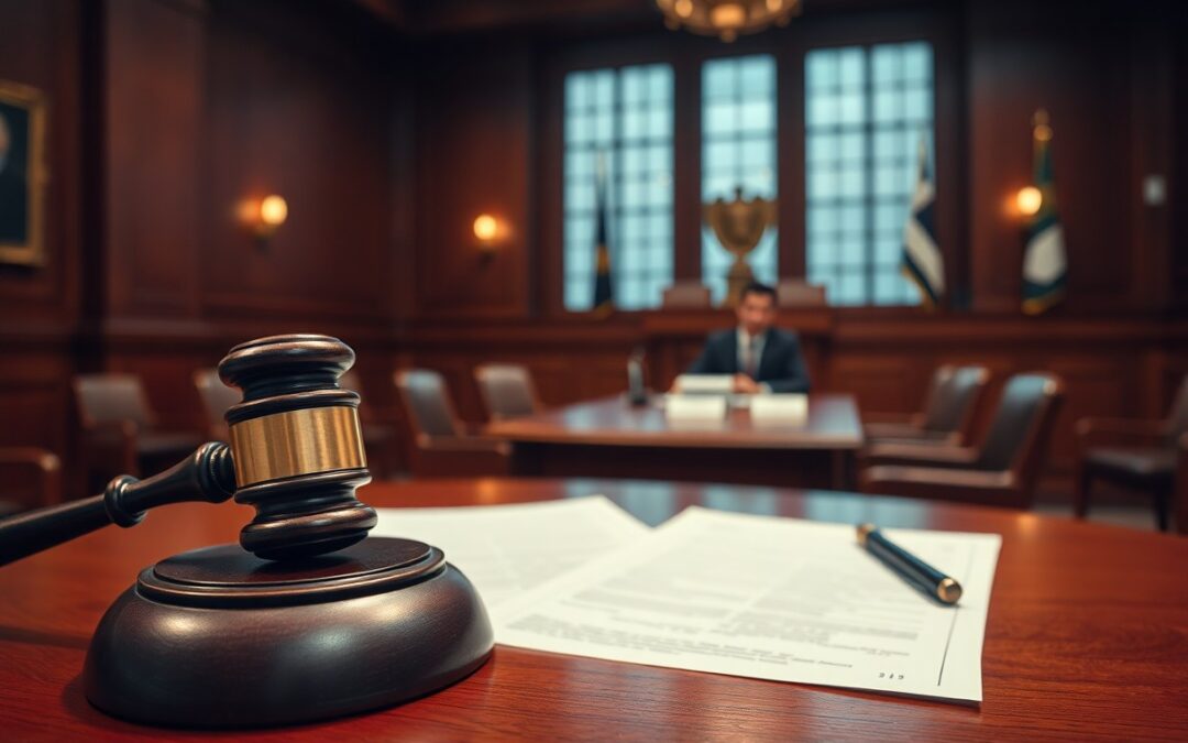 A judge sits at the bench in a courtroom; a gavel, documents, and pen rest on a wooden table in the foreground, reflecting on Minnesota juvenile justice resources.
