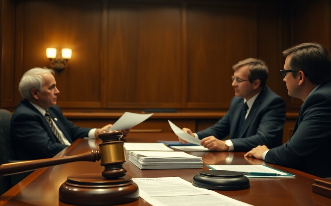 Three men in suits sit at a wooden conference table in a courtroom, discussing documents about Minnesota juvenile justice resources. A gavel and legal papers are in the foreground.