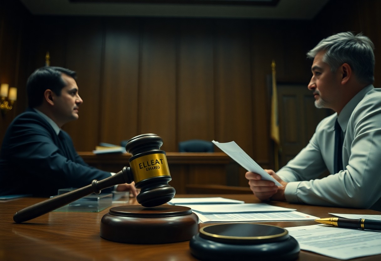 Two men in suits sit across from each other at a table in a courtroom, with documents and a gavel labeled "ELLEAT" on the table, discussing Minnesota juvenile justice resources.