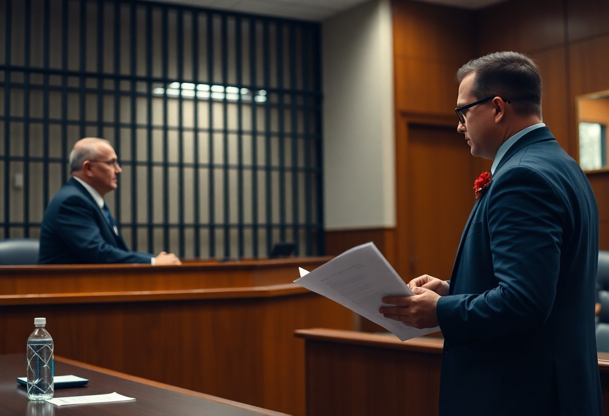 A man in a suit stands holding papers, addressing another man seated behind a desk in a courtroom. A water bottle and additional papers, including Minnesota juvenile justice resources, are on the desk in the foreground.