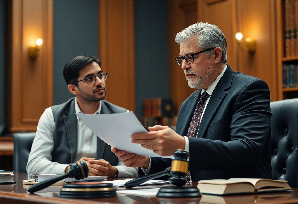 Two men in formal attire sit at a table in a law office, with one reviewing documents. Gavels and a book on the table suggest they may be discussing Minnesota juvenile justice resources.