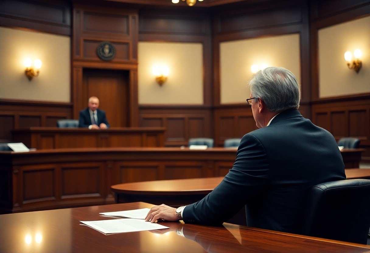 A man in a suit sits at a table in a wood-paneled courtroom, facing a judge who stands behind a bench, highlighting the importance of Minnesota juvenile justice resources in legal settings.