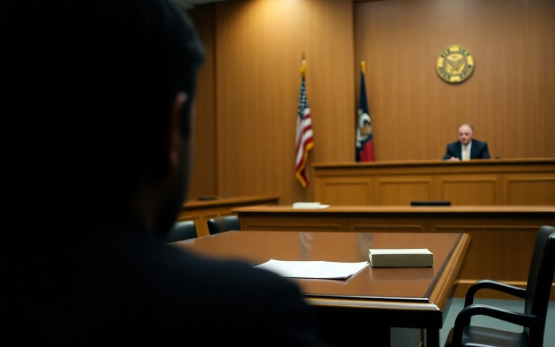 A man sits in a courtroom facing a judge at the bench, with American and state flags behind the judge and legal documents on the table, highlighting access to Minnesota juvenile justice resources.