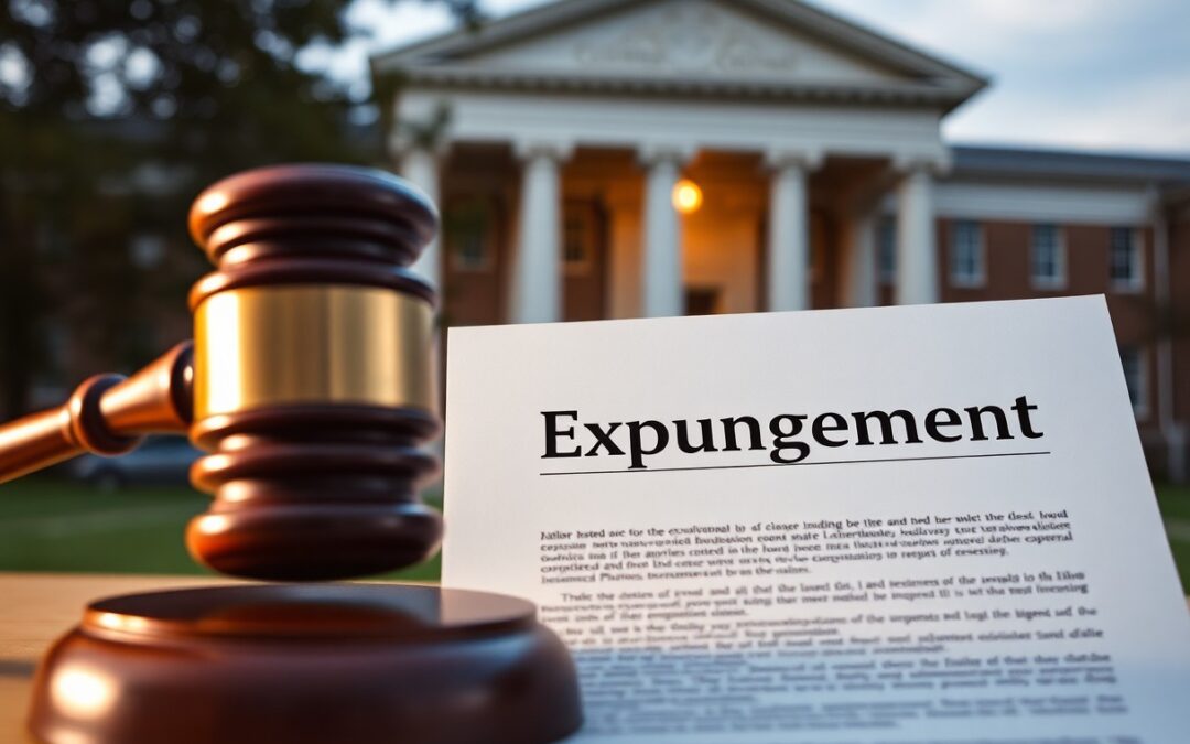 A wooden gavel and a document titled "Expungement" are seen on a table, with a courthouse building in the background, highlighting Minnesota juvenile justice resources.