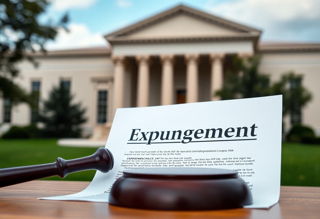 A gavel and a legal document titled "Expungement" are shown in front of a courthouse building, highlighting Minnesota juvenile justice resources.