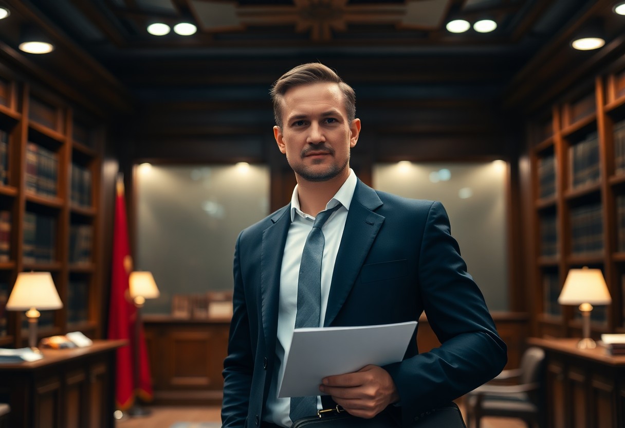 A man in a suit holding papers stands in a wood-paneled office or library with bookshelves, lamps, and a red flag in the background, possibly reviewing Minnesota juvenile justice resources.