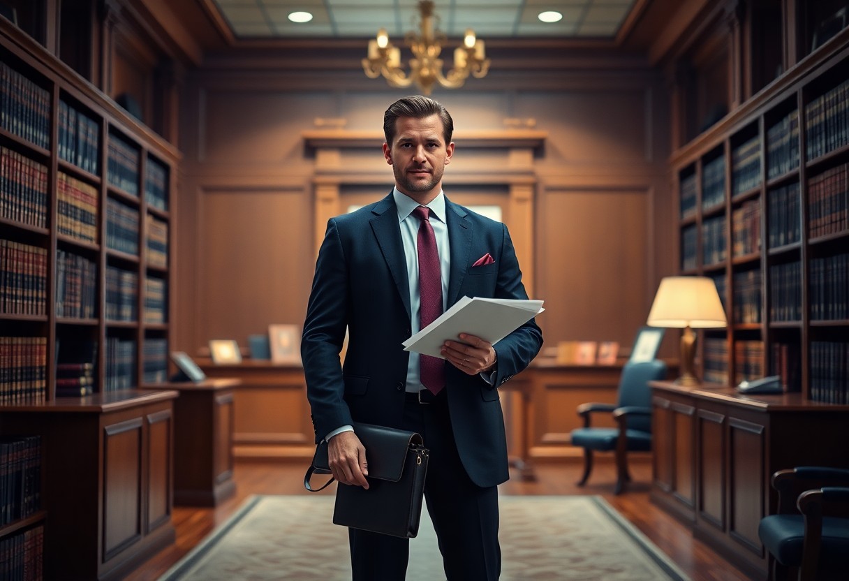 A man in a suit holding papers and a briefcase stands in a wood-paneled law library lined with bookshelves, researching Minnesota juvenile justice resources.
