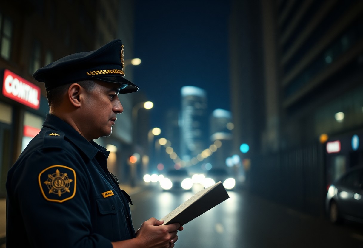 A police officer in uniform reads a notebook while standing on a city street at night, with blurred car headlights and tall buildings behind, possibly referencing Minnesota juvenile justice resources during patrol.