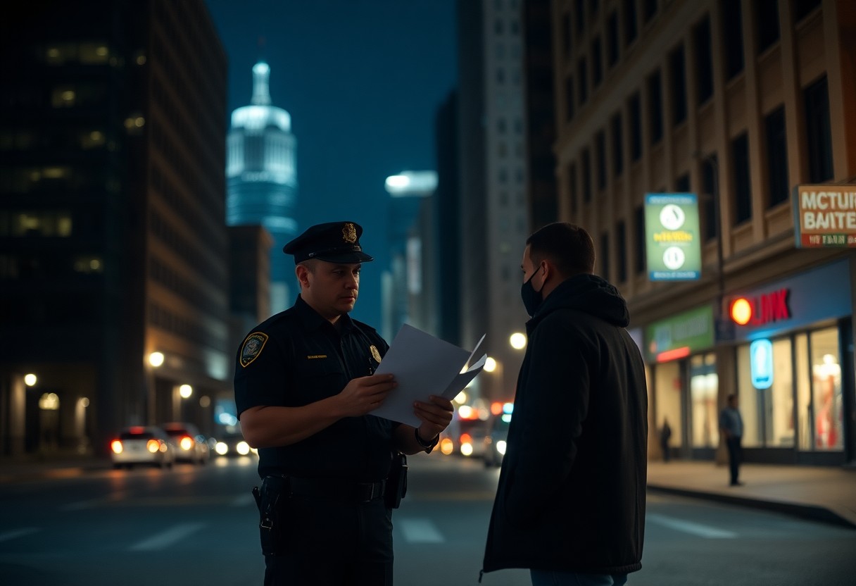 A police officer holding papers talks to a man wearing a mask on a city street at night, with buildings and storefronts in the background, possibly discussing Minnesota juvenile justice resources.