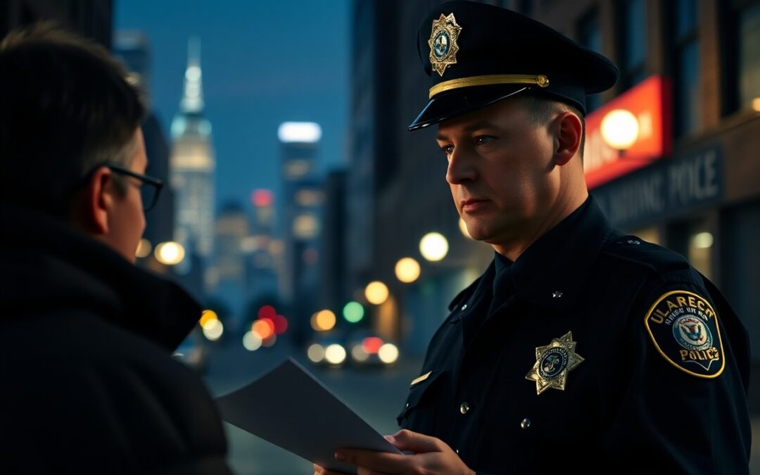 A police officer in uniform holds documents while speaking to a person on a city street at dusk, with blurred city lights in the background, possibly providing information about Minnesota juvenile justice resources.