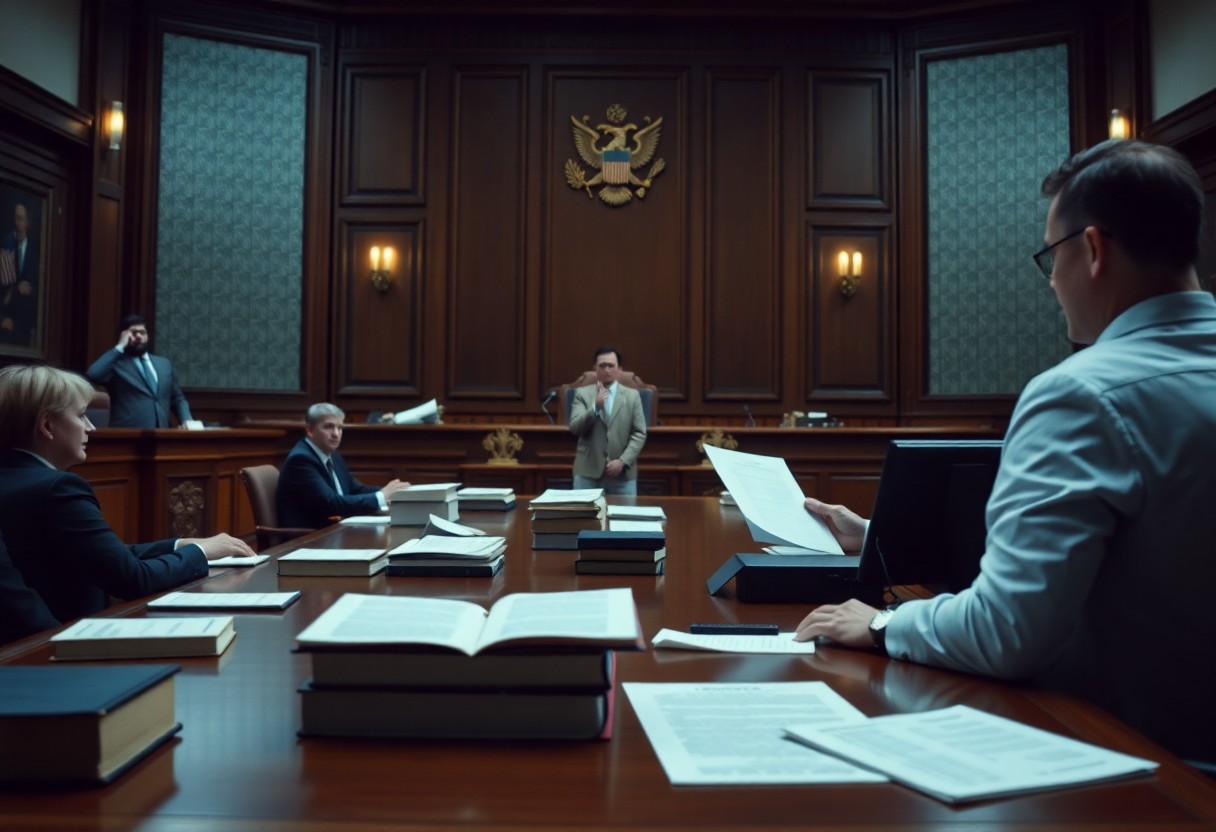 A courtroom scene with several people seated at a table, documents and books on the desk—including Minnesota juvenile justice resources—and a person standing and speaking at the judge's bench.