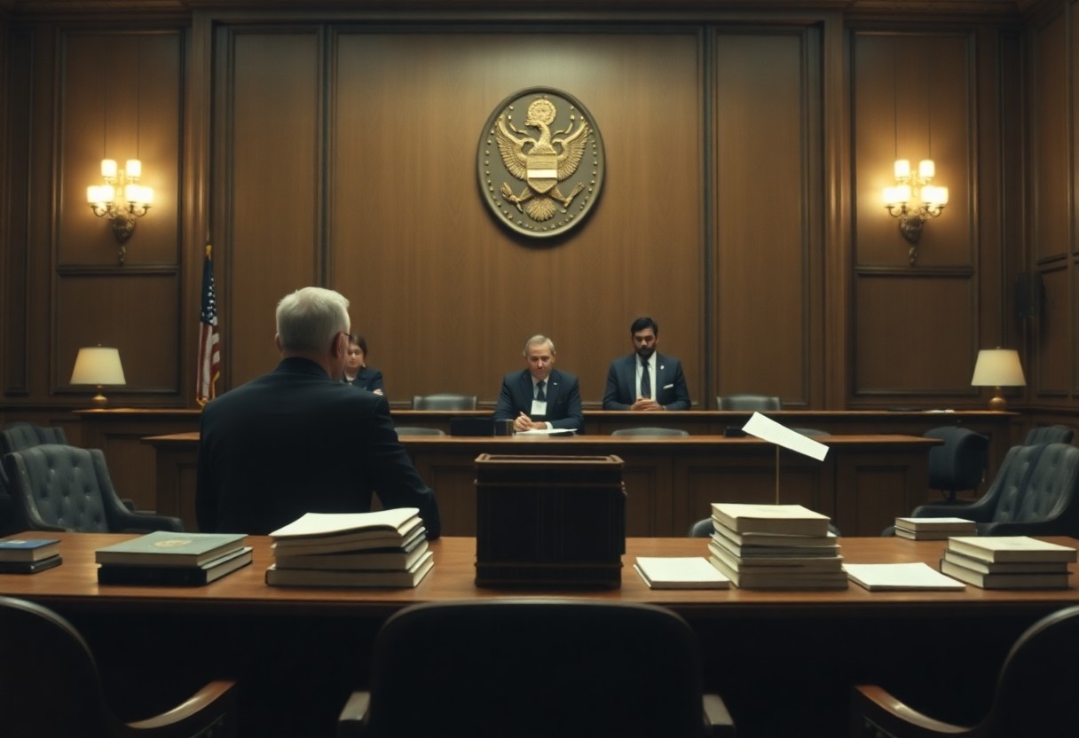 A formal courtroom scene shows officials seated at a bench with legal books, minessota juvenile justice resources, and documents on the tables, and an emblem on the wall behind them.