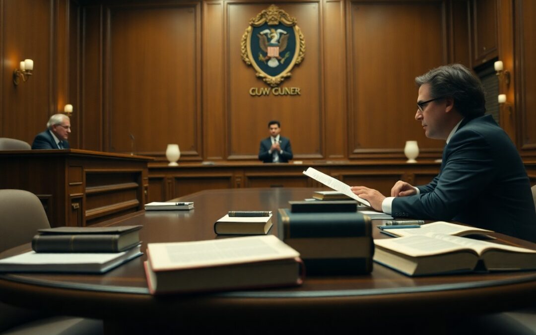 A formal courtroom scene with three men: one reading documents at a desk, another sitting at a distance, and a judge behind a bench with a crest on the wall—evoking settings where Minnesota juvenile justice resources are often discussed.
