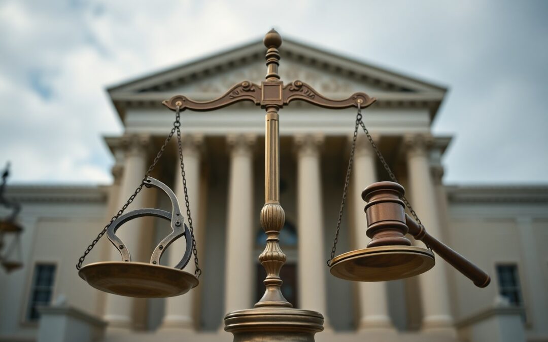 A scale with handcuffs on one side and a gavel on the other is shown in front of a courthouse building, representing Minnesota juvenile justice resources.