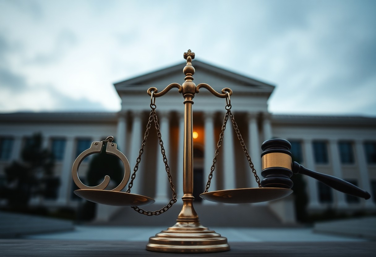 A balance scale with handcuffs on one side and a gavel on the other sits in front of a large courthouse, representing the choices faced in the Minnesota juvenile justice resources system.