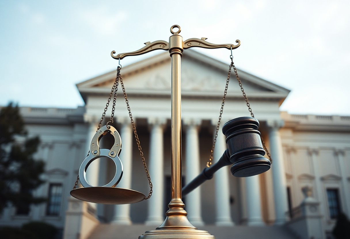 A scale with handcuffs on one side and a gavel on the other, in front of a courthouse building, symbolizes fairness in law—highlighting the importance of Minnesota juvenile justice resources for youth.