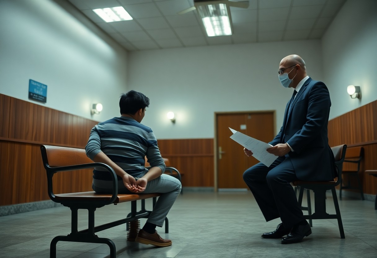 A man in a striped sweater sits on a bench with hands behind his back while a suited man wearing a mask, possibly discussing Minnesota juvenile justice resources, speaks to him holding papers in a wood-paneled, well-lit room.