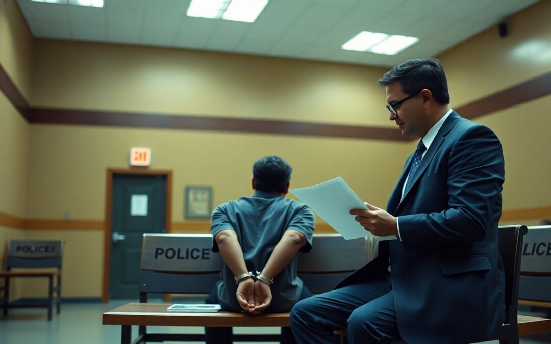 A man in handcuffs sits on a bench in a police station while another man in a suit reads documents beside him, possibly referencing Minnesota juvenile justice resources.