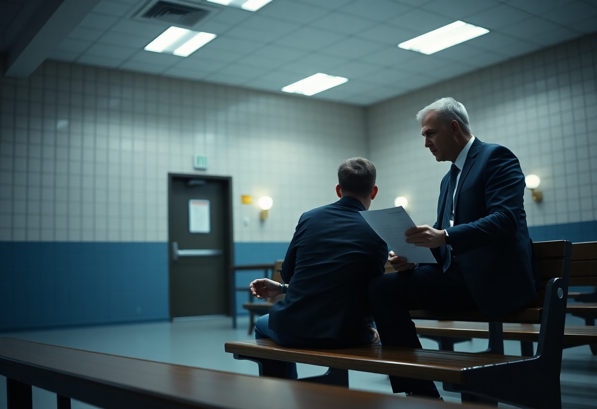 Two men in suits sit on a bench in a sparse, institutional room. One holds papers—possibly discussing Minnesota juvenile justice resources—in what appears to be a serious conversation.