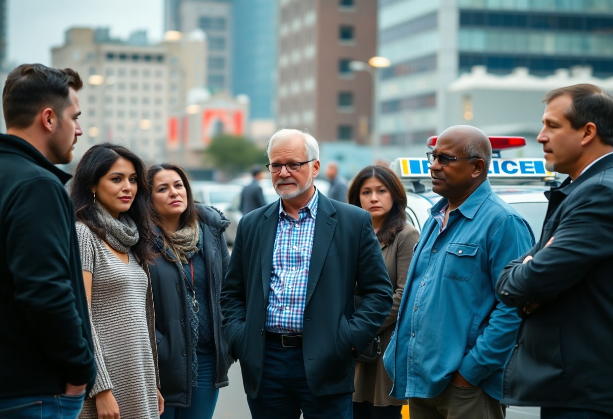 A group of seven adults stands in discussion on a city street near a police car, possibly sharing information about Minnesota juvenile justice resources, with tall buildings in the background.