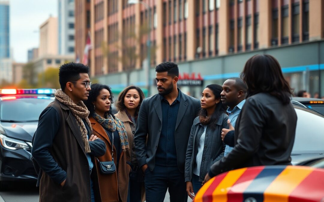 A group of people stands on a city street near parked police cars with flashing lights, talking to a police officer about Minnesota juvenile justice resources.