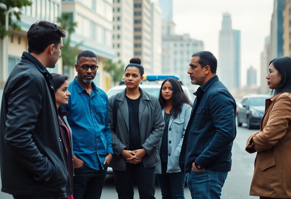 A group of six adults stand together on a city street, engaged in conversation about Minnesota juvenile justice resources, with buildings and a parked police car in the background.
