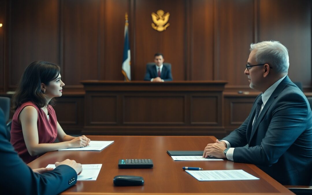A woman and a man sit across from each other at a table in a courtroom, with a judge seated at the bench in the background, highlighting the importance of Minnesota juvenile justice resources in legal proceedings.