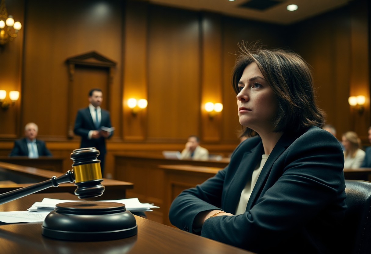 A woman in a suit sits at a table in a courtroom, looking ahead, with a gavel and legal documents—possibly including Minnesota juvenile justice resources—in front of her; others are visible in the background.
