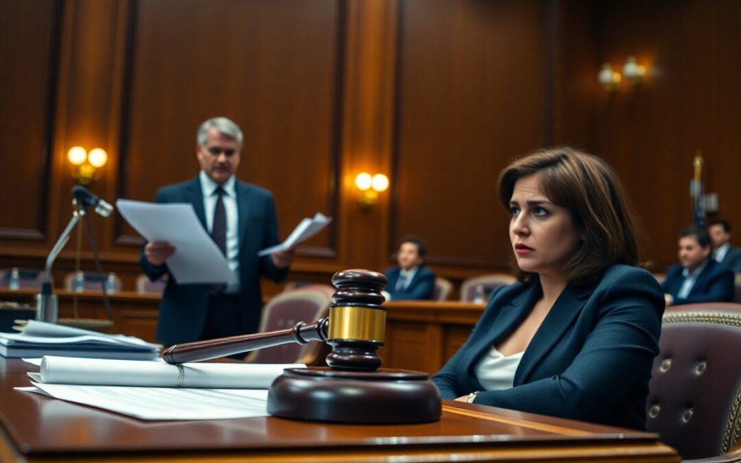 A woman in a courtroom sits at a desk with legal documents and a gavel, while a man stands nearby holding papers about Minnesota juvenile justice resources; other people are seated in the background.