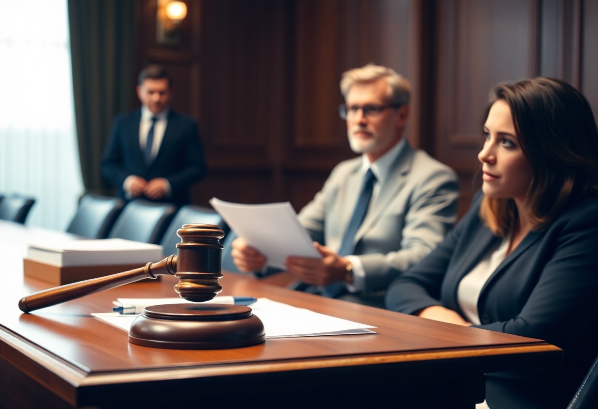 A gavel and legal documents on a courtroom table, with two professionals seated and another person standing in the background, illustrate the process of accessing Minnesota juvenile justice resources.