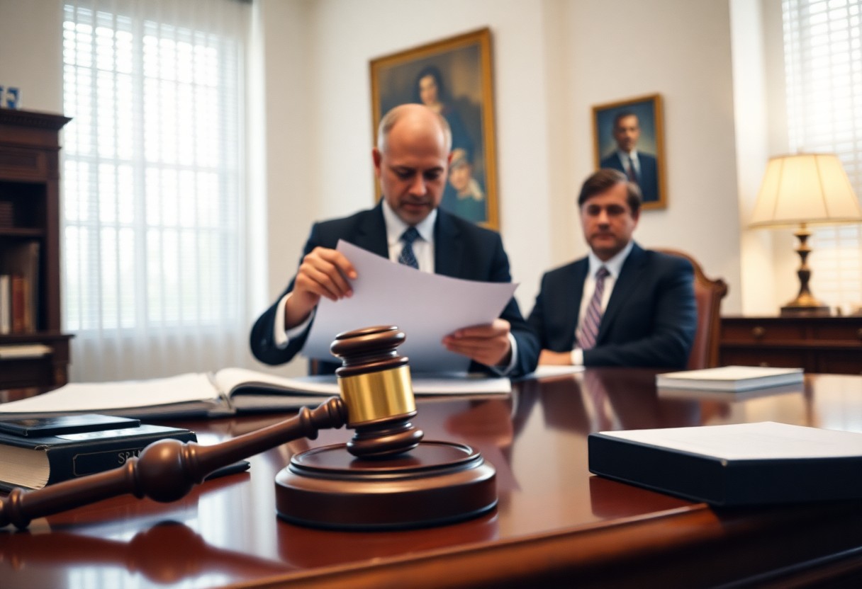 Two men in suits sit at a desk in an office with legal books and a gavel, reviewing documents on Minnesota juvenile justice resources. Portraits hang on the wall in the background.