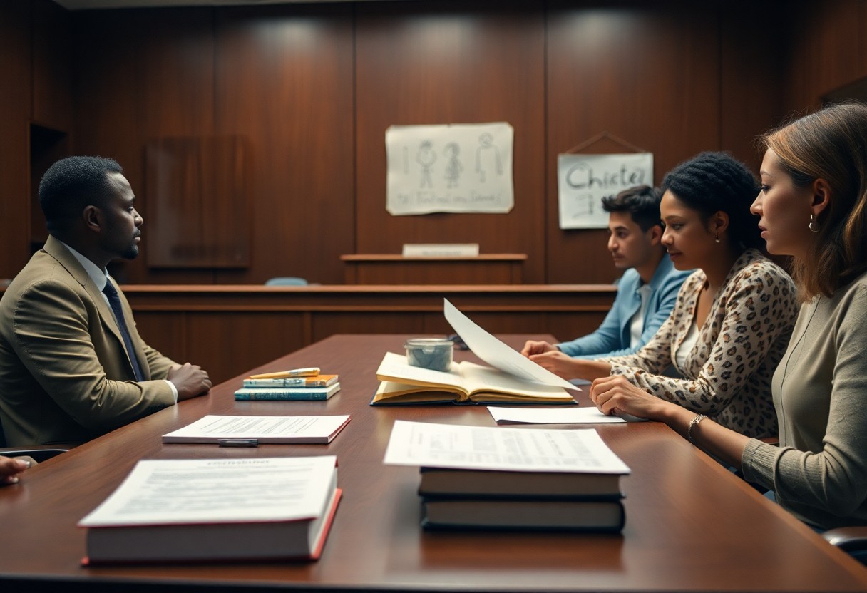 Four people sit at a conference table in a wood-paneled room, reviewing documents and books—including Minnesota juvenile justice resources—with charts on the wall in the background.