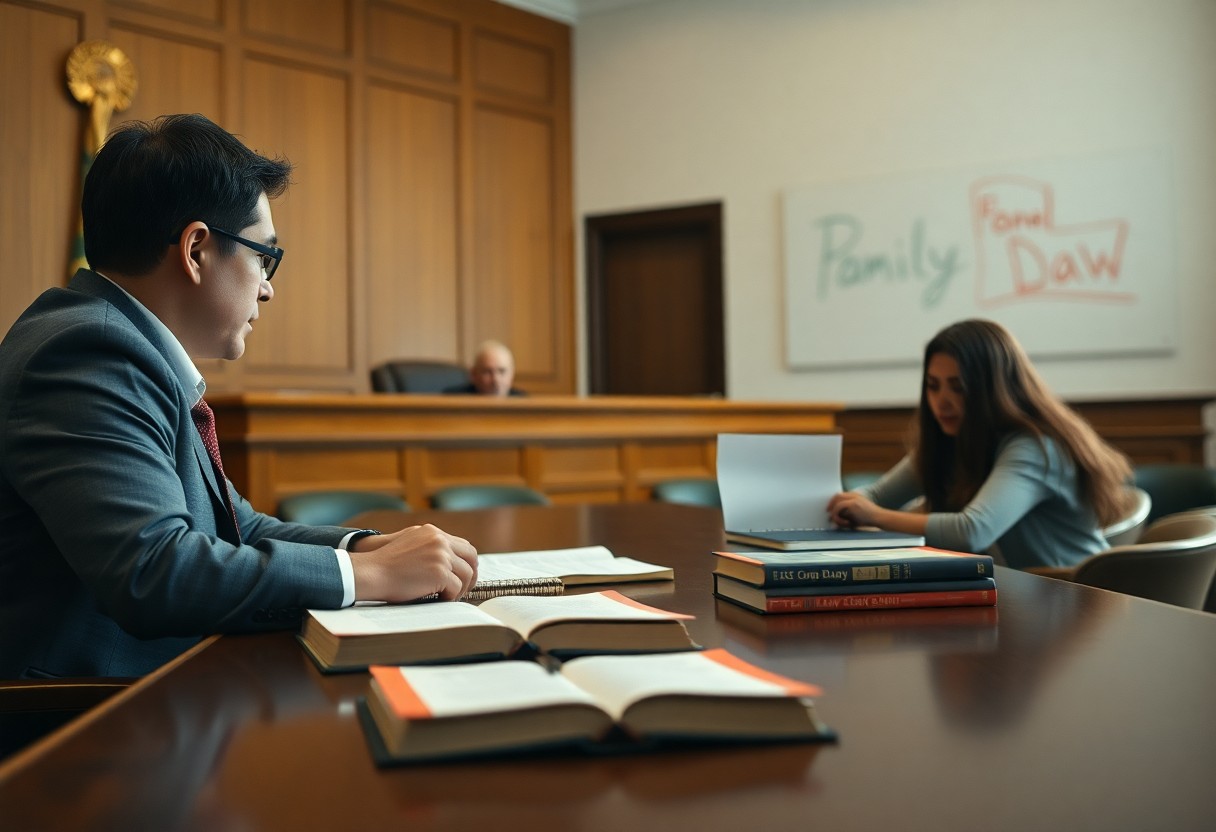 Two people sit at a table with open books in a courtroom, a judge behind them. A whiteboard labeled "Family Court Law" and information on Minnesota juvenile justice resources are visible in the background.