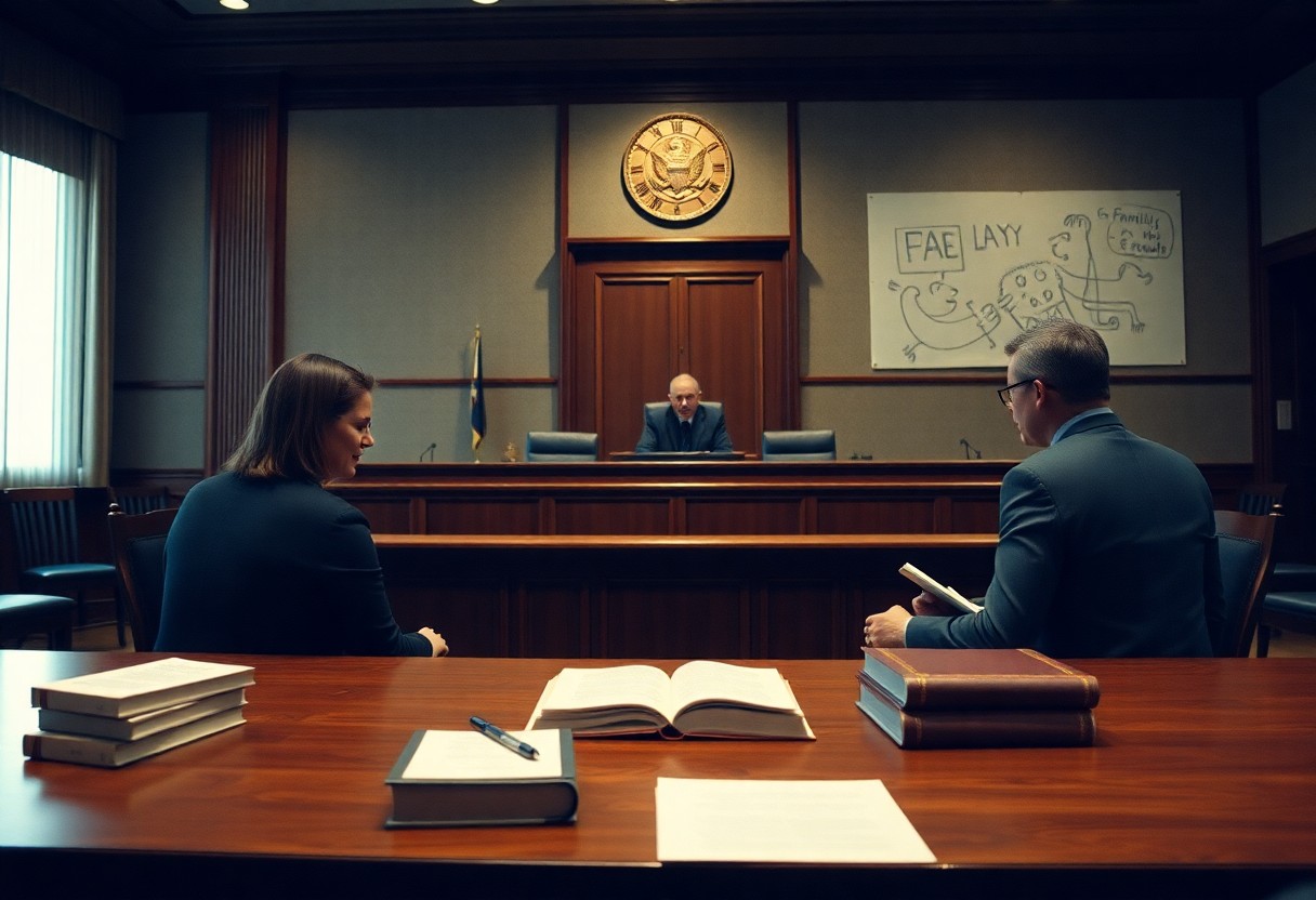 A judge sits at the bench in a courtroom, with two people facing him and legal books on the table; a hand-drawn diagram is on the wall behind them highlighting Minnesota juvenile justice resources.