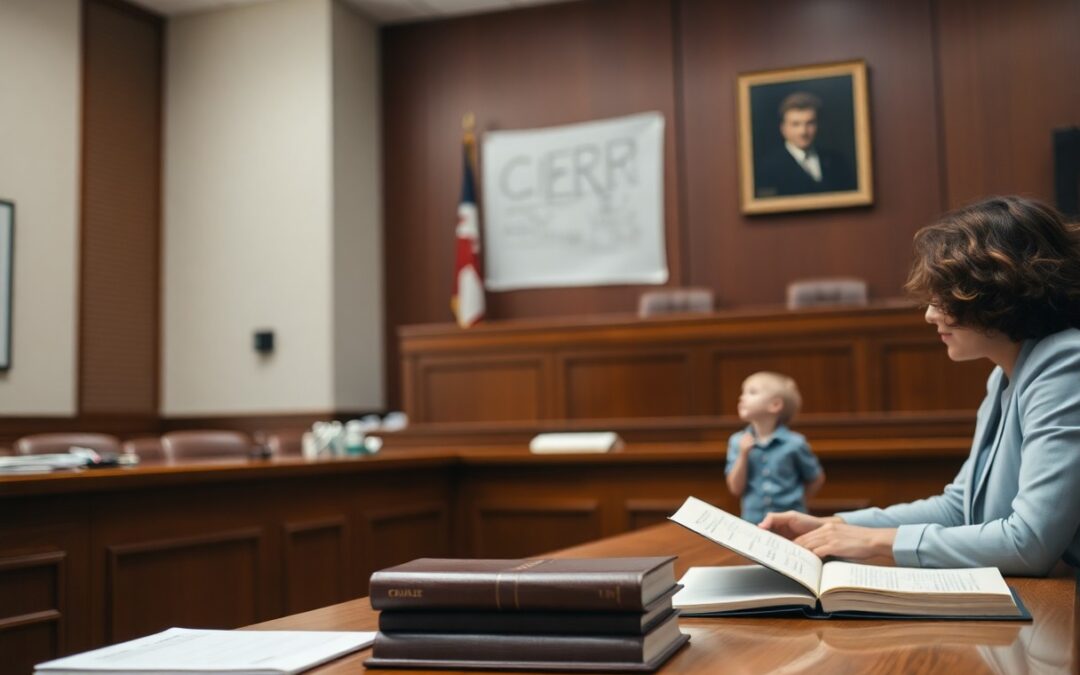 A woman and a child sit at a desk in a courtroom with legal books, papers, minessota juvenile justice resources, and a large judge’s portrait on the wall behind them.