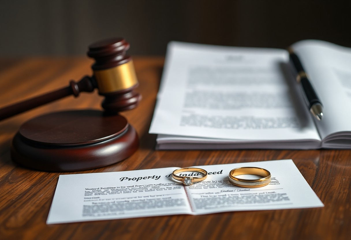 A gavel, a legal document, and two wedding rings on a property deed are displayed on a wooden desk, suggesting a legal matter related to marriage, property, or minessota juvenile justice resources.