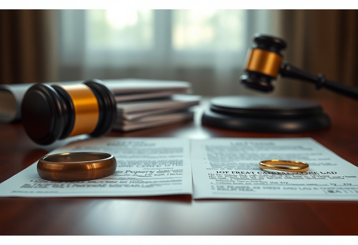 Two wedding rings rest on divorce papers, with a judge’s gavel and legal documents in the background on a wooden desk, highlighting the importance of understanding minessota juvenile justice resources during family transitions.