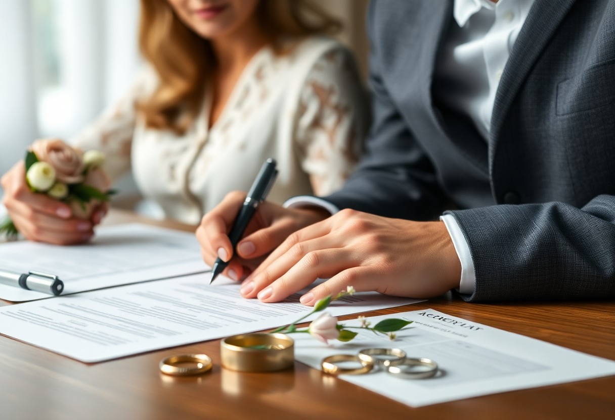 A person in formal attire signs a document on a table with wedding rings, a pen, and flowers, while another sits beside them holding a bouquet—highlighting support like Minnesota juvenile justice resources.