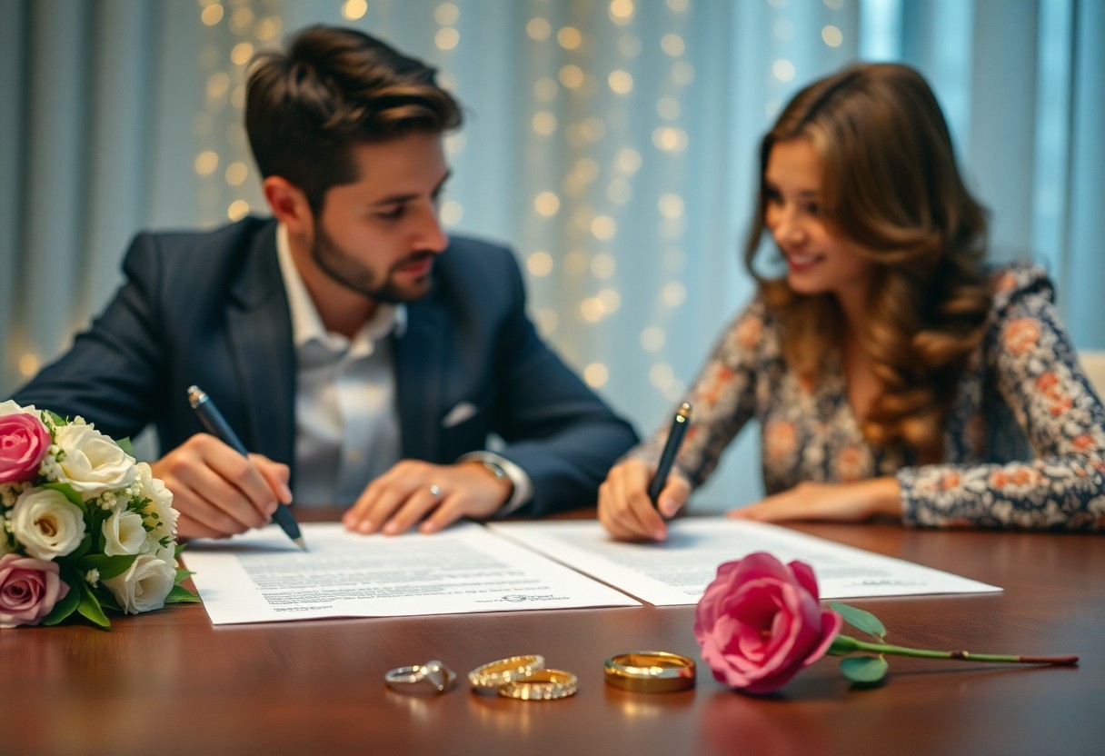 A man and woman sit at a table signing documents, with wedding rings and flowers in the foreground, while a brochure about Minnesota juvenile justice resources rests nearby.