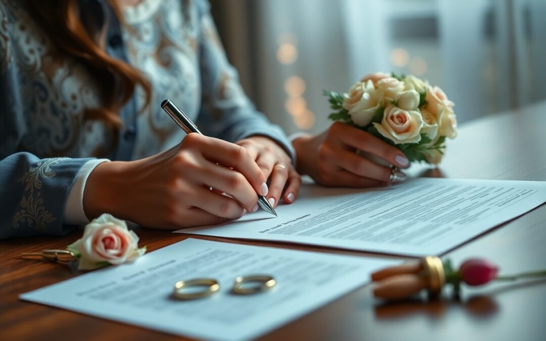 A person holding a small bouquet of roses signs documents on a table with wedding rings, flowers, and information about Minnesota juvenile justice resources placed nearby.