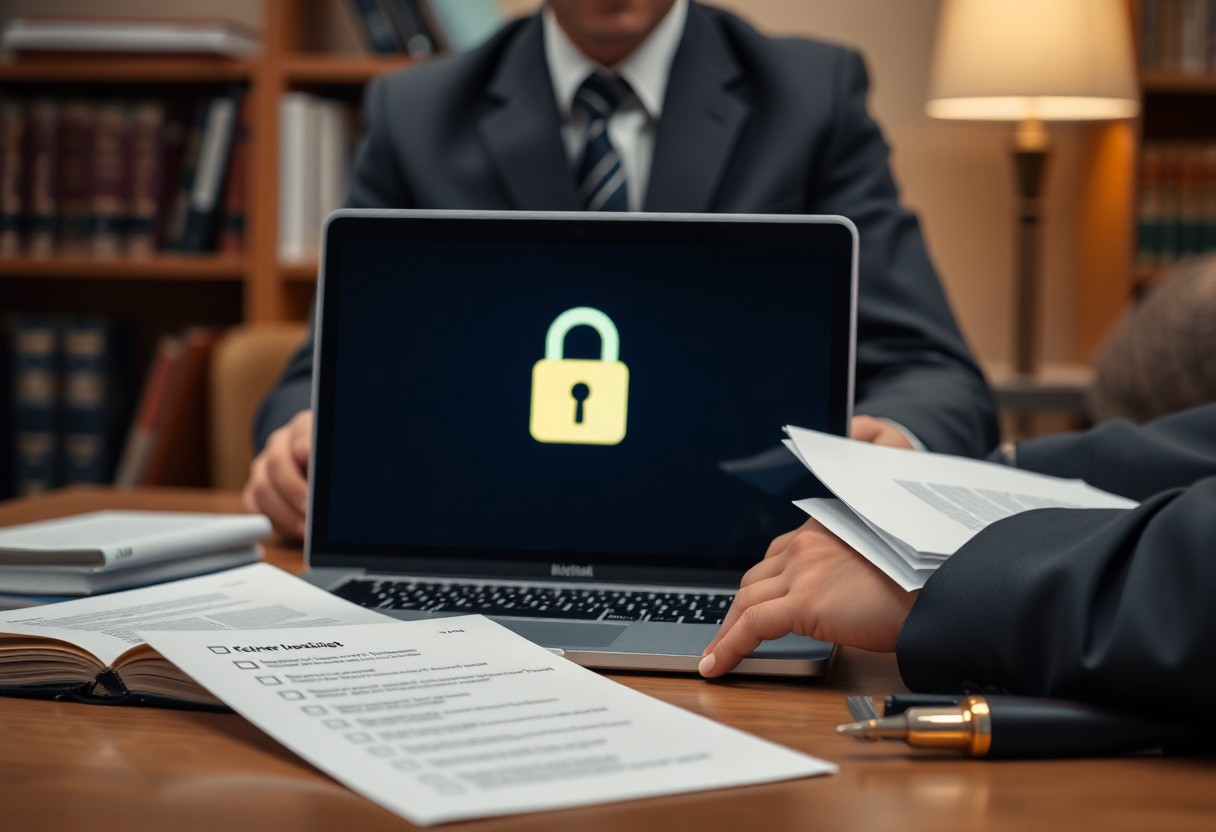 Two people in suits sit at a desk with documents, while a laptop displays a yellow padlock icon, suggesting cybersecurity or data protection for managing Minnesota juvenile justice resources in a professional setting.