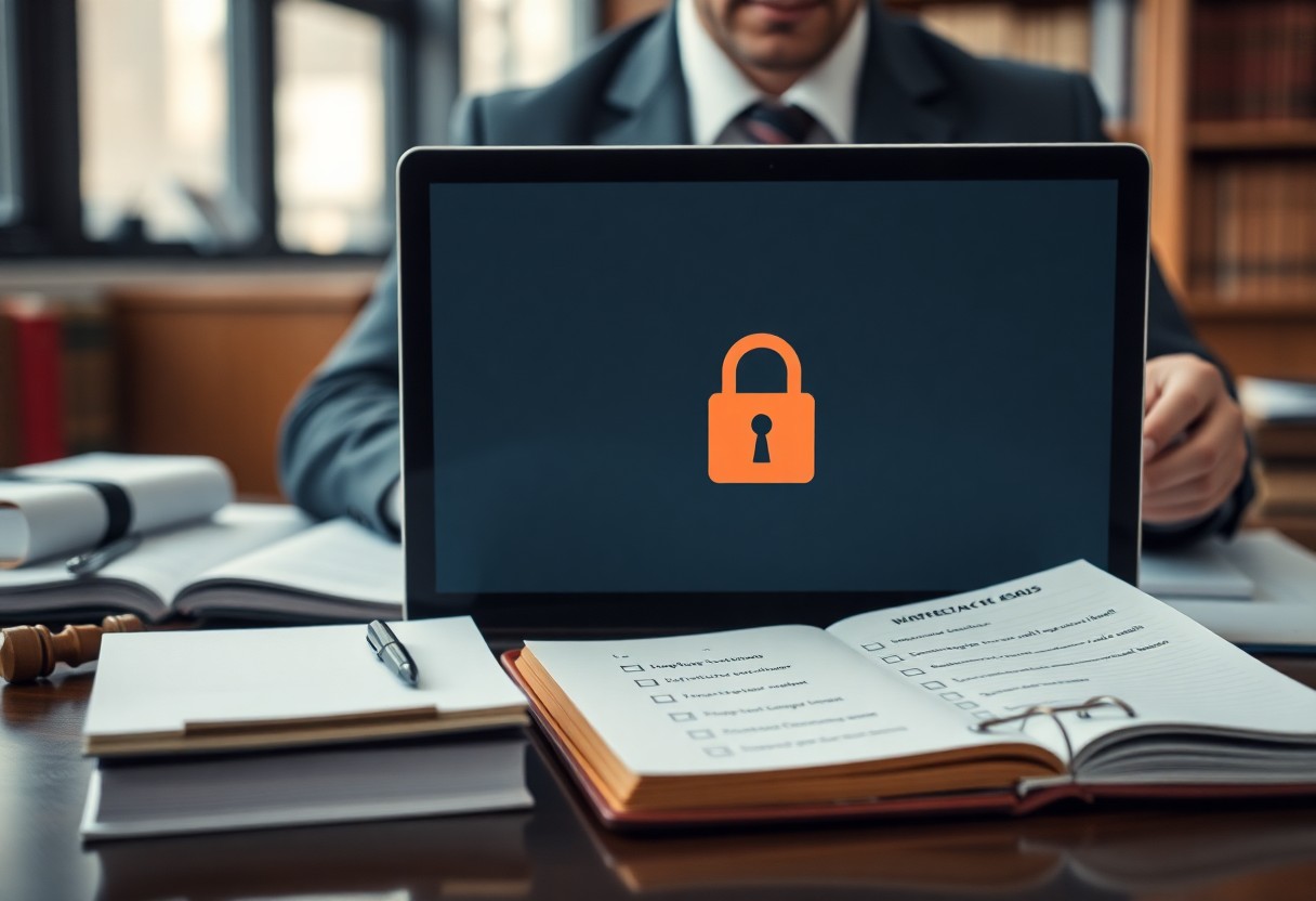 A person in a suit sits at a desk with a laptop displaying a padlock icon, surrounded by books, documents, and minessota juvenile justice resources.