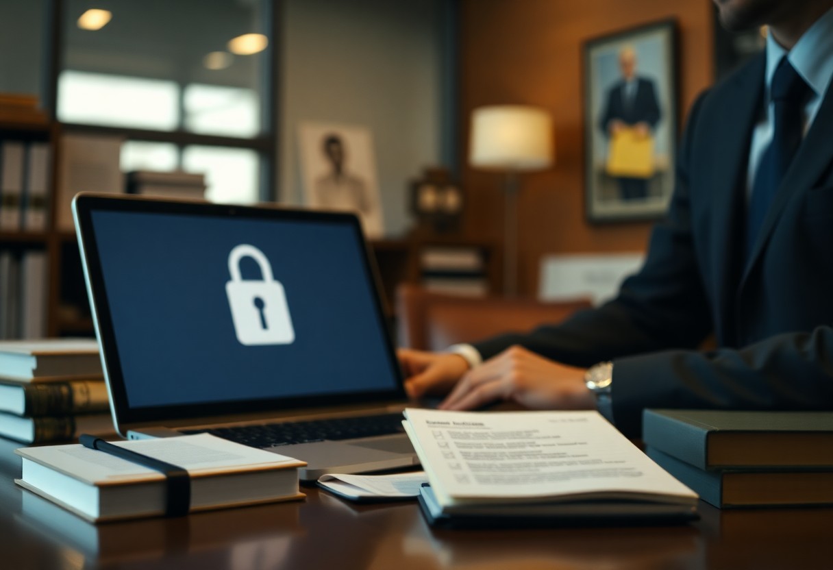 A person in a suit sits at a desk with a laptop displaying a padlock icon, surrounded by documents and books on minessota juvenile justice resources in an office setting.