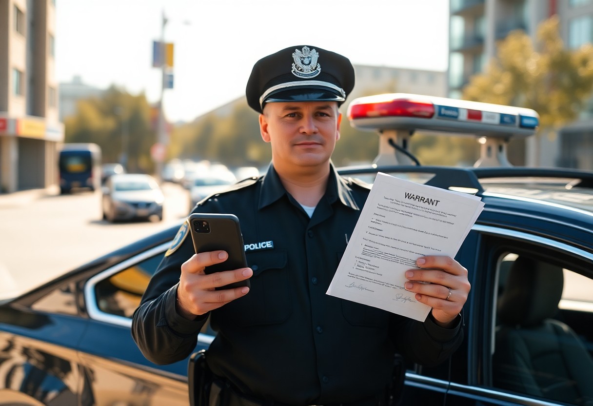 A police officer stands by a patrol car, holding a smartphone in one hand and a printed warrant document in the other, on a city street in daylight, ready to connect with Minnesota juvenile justice resources if needed.