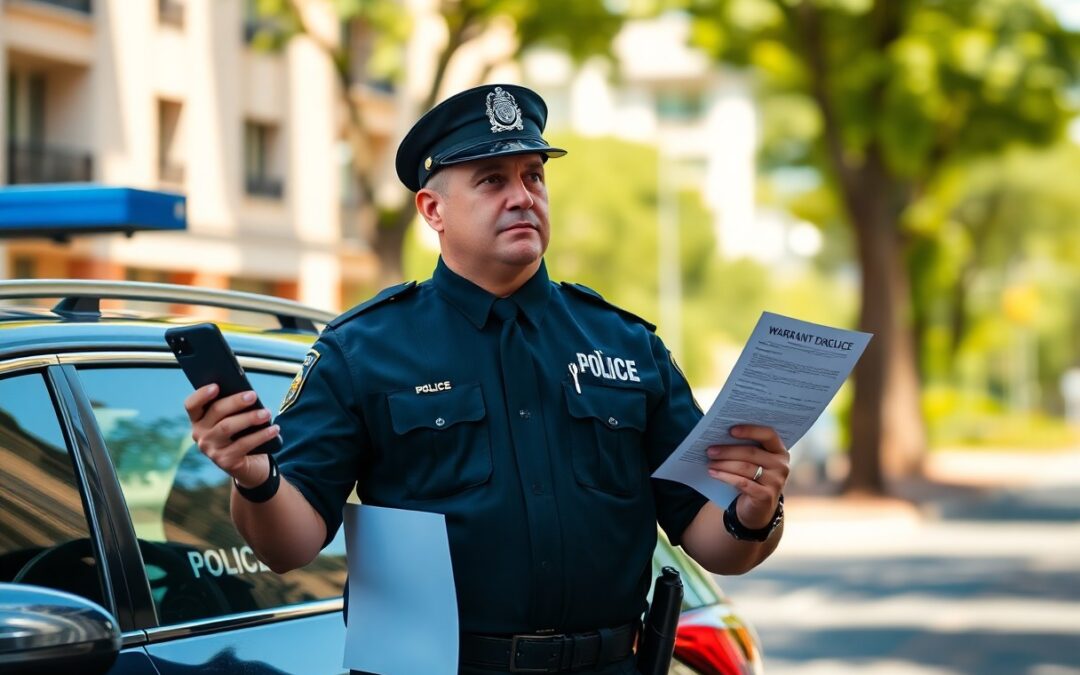 A police officer in uniform stands beside a patrol car, holding a smartphone and a warrant document, ready to access Minnesota juvenile justice resources outdoors on a sunny day.